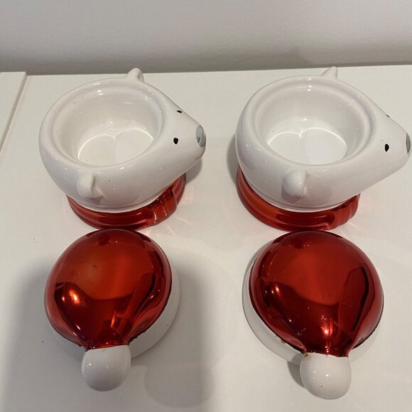 Christmas Polar Bear Ceramic candle holders With Santa Hat Lids or small candy j - Picture 5 of 16